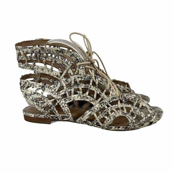 Joie Renee Sandals 8 Womens Leather Caged Animal Print Lace Up Flat Open Toe 38 - Picture 1 of 9